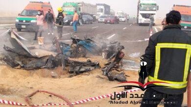 بالفيديووالصور حادث مروع وإشتعال السيارات على كبرى قرية عامر