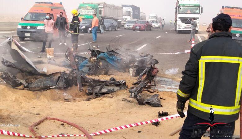 بالفيديووالصور حادث مروع وإشتعال السيارات على كبرى قرية عامر
